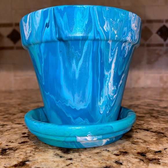 Hand Crafted Other - Clay terracotta flower pot abstract Acrylic fluid art painting blue